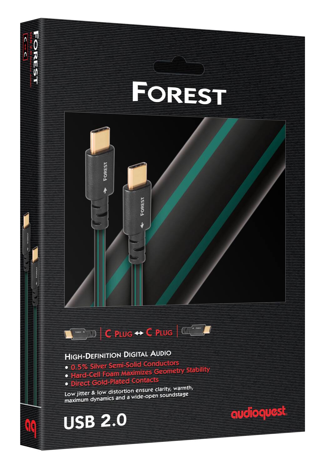Forest USB 2.0 High-Definition Digital Audio Cable with Silver Semi-Solid Conductors, 0.5% Stability, Hard-Cell Foam, and Direct Gold Plated Contacts for clarity, warmth, low jitter, and low distortion.