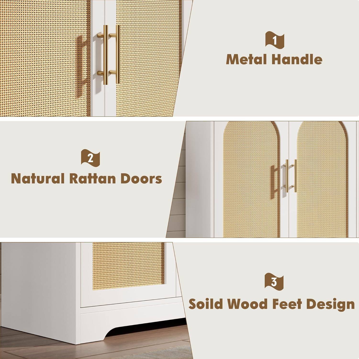 1. Metal Handle  
2. Natural Rattan Doors  
3. Solid Wood Feet Design