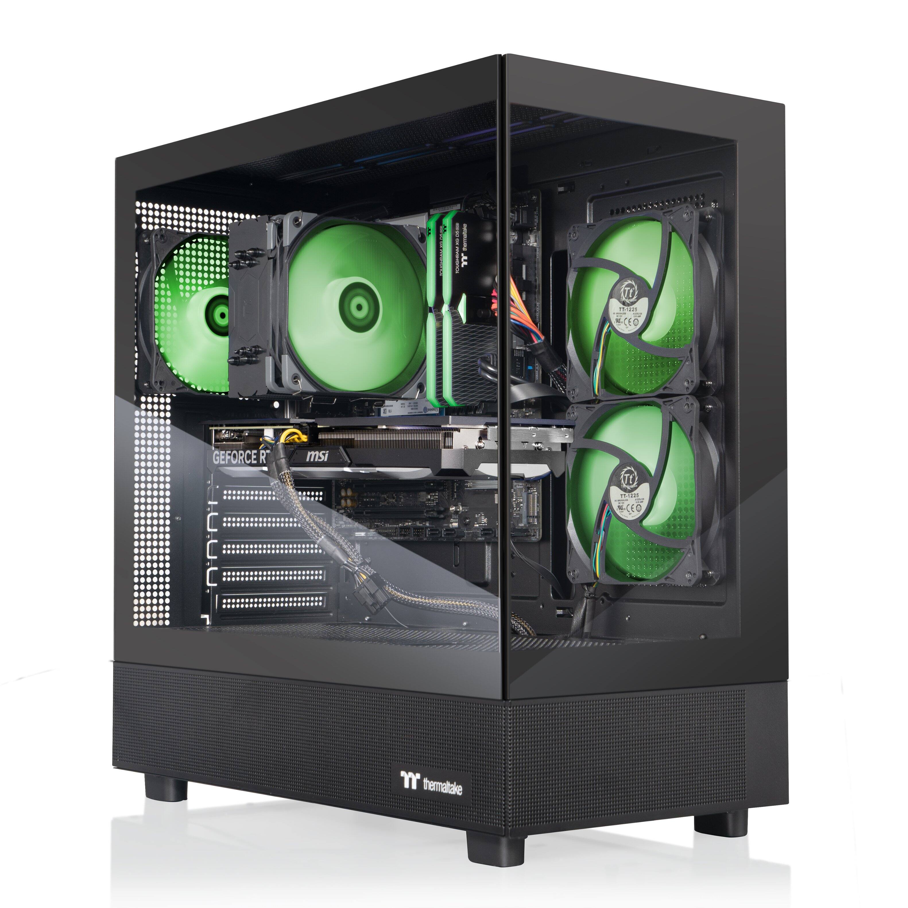 I have a desktop computer with a black case and green fans. The case is made by MSI, and it has a transparent side panel, allowing a clear view of the internal components. The fans are green and are likely part of a liquid cooling system. The computer is equipped with a GeForce RTX 3070 graphics card, providing high-performance gaming capabilities.