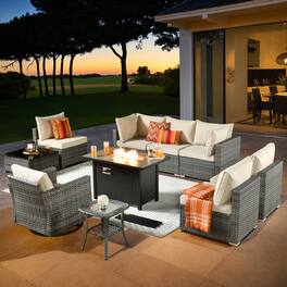 Ovios - 10 PCS Patio Furniture Set, Sectional Sofa with Swivel Chair, Coffee Table & 42" Fire Pit Table - Beige