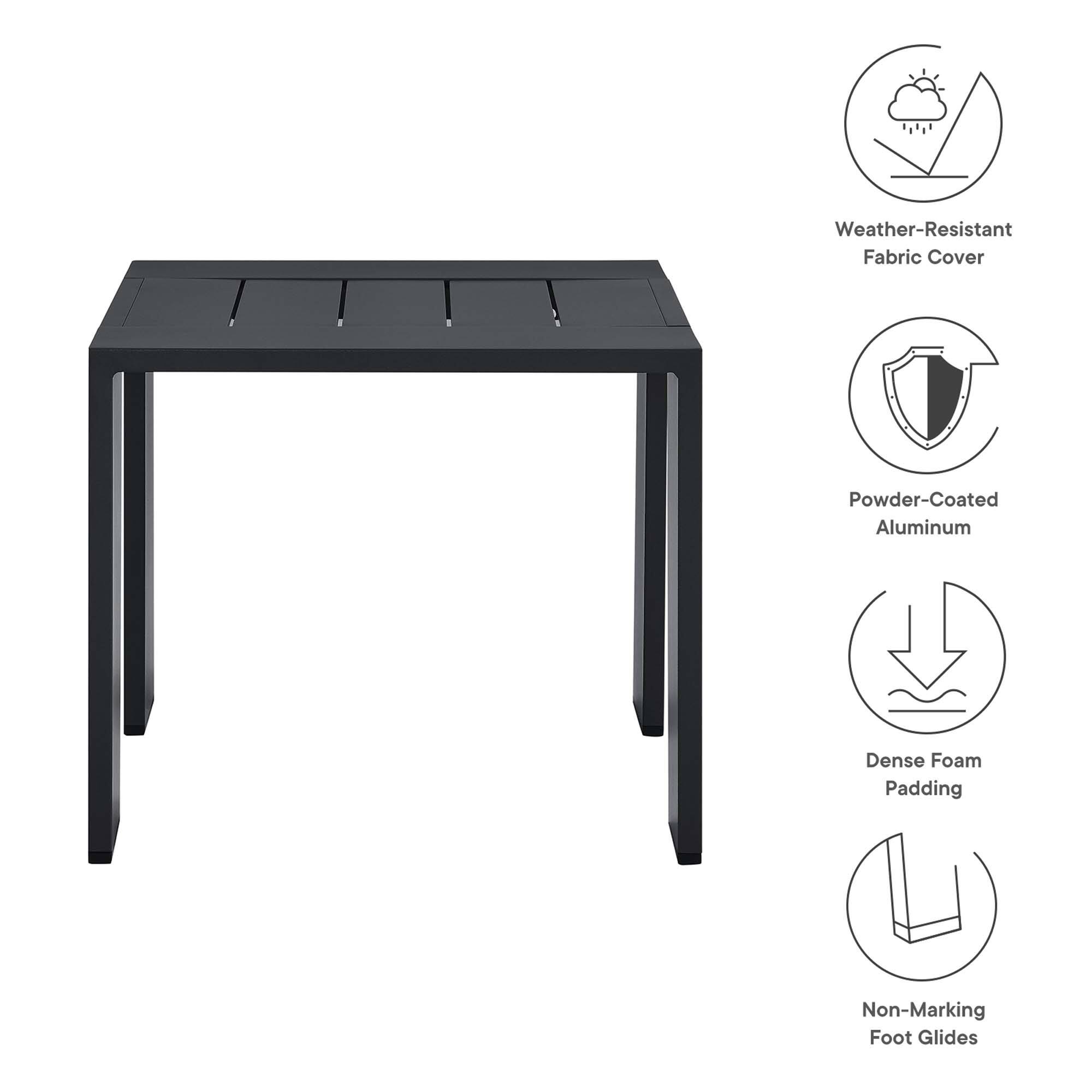 - Weather-Resistant Fabric Cover
- Powder-Coated Aluminum
- Dense Foam Padding
- Non-Marking Foot Glides