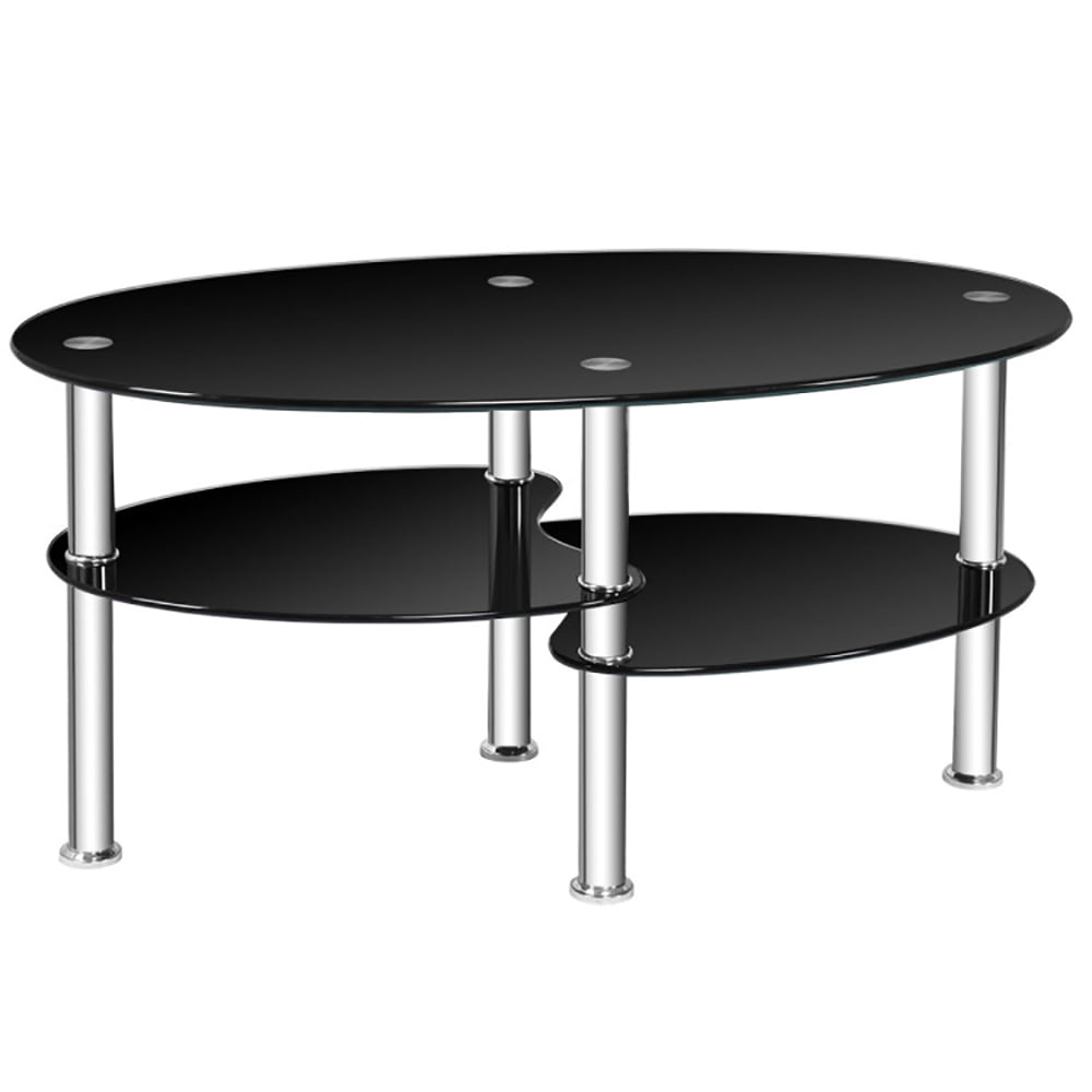 Front. Pefilos - Tempered Glass Oval Side Coffee Table-Black, High-Quality Tempered Glass Table, Durable & Sturdy, Easy to Cle - Black.