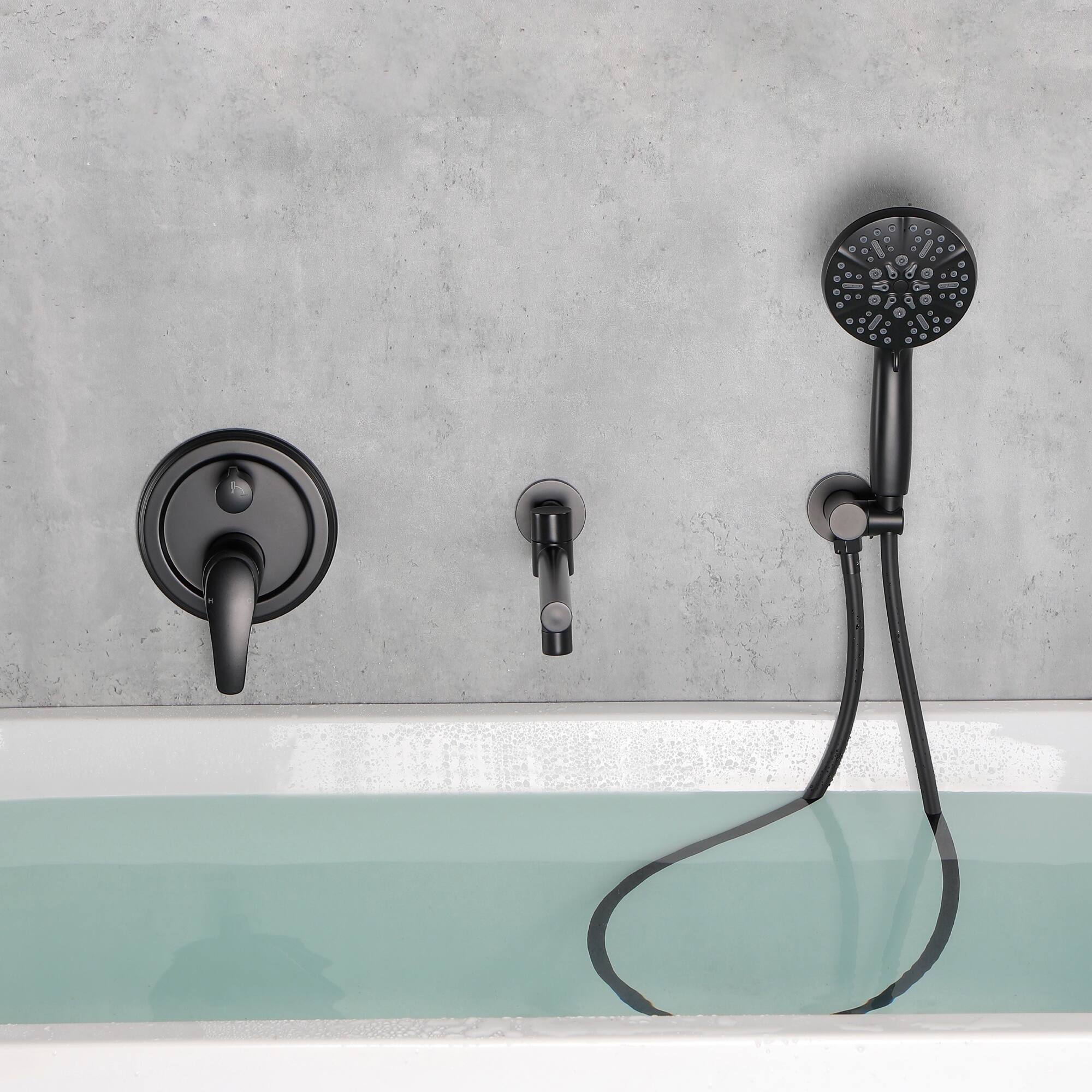 Alt View 1. Boyel Living - Matte Black Wall Mount Bathtub Faucet Brass 2-Function Valve 180° Rotating Spout 7-Function Handheld cUPC - Black.