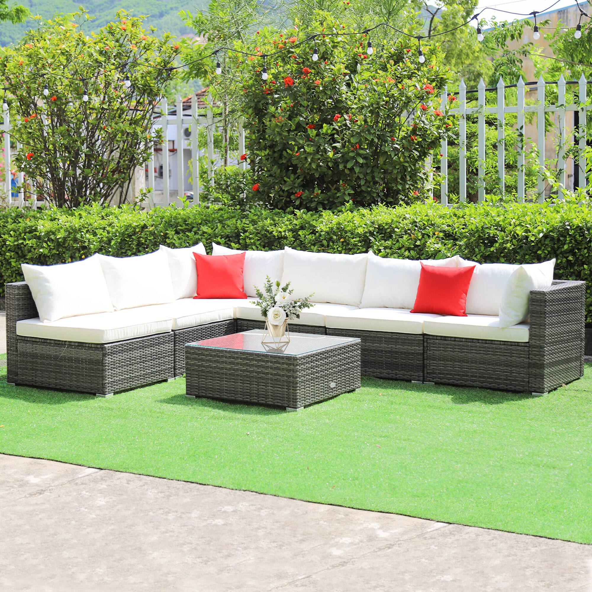 Alt View 3. Gymax - Gymax 7PCS Patio Rattan Sectional Sofa Set Outdoor Furniture Set w/ Off White Cushions - Off White.