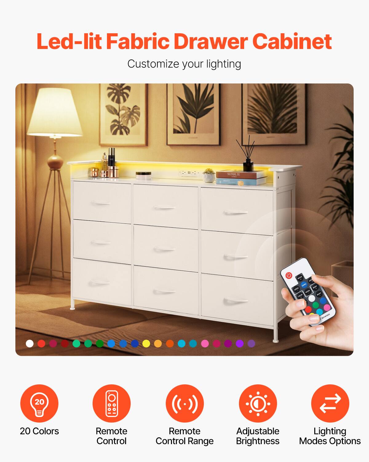 Led-lit Fabric Drawer Cabinet  
Customize your lighting  

- 20 Colors  
- Remote Control  
- Remote Control Range  
- Adjustable Brightness  
- Lighting Modes Options