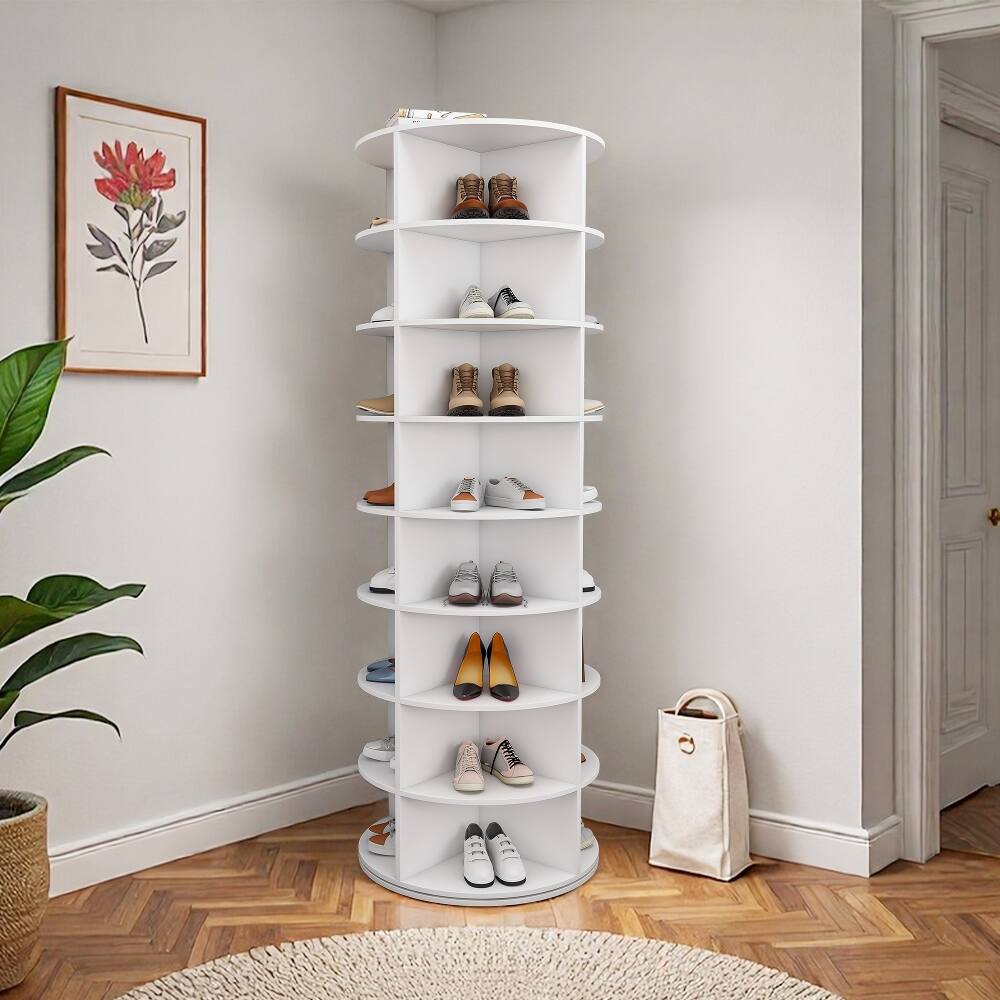Left. Loheer - Loheer 8-Tier Rotating Shoe Rack, Freestanding Storage Tower for 32 Pairs, White - White.