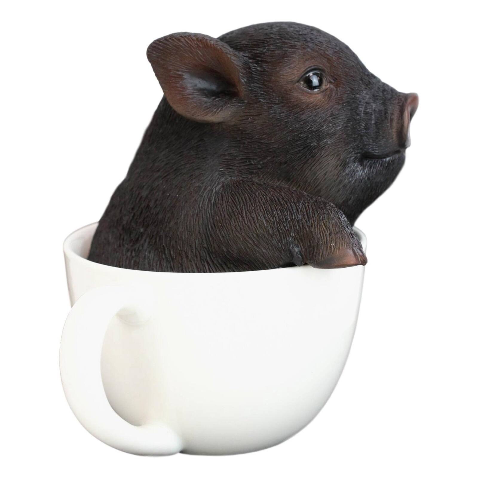 Angle. Pacific Trading - Rustic Lifelike Black Pig Piggy In Tea Cup Figurine Animal Farm Pigs Swine Decor.