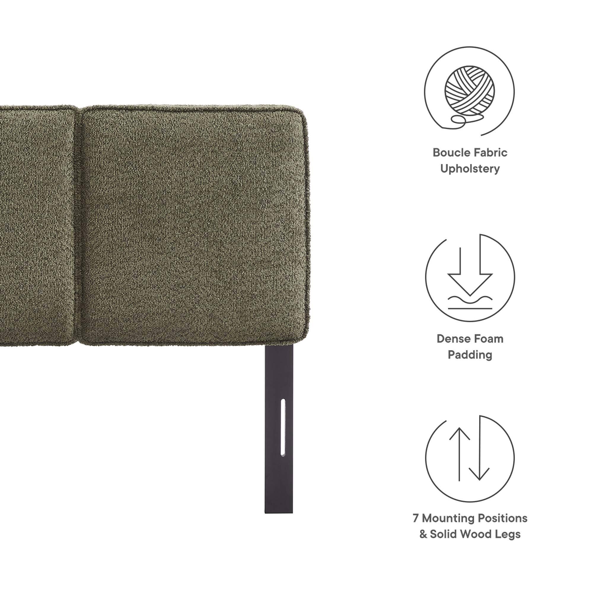 - Boucle Fabric Upholstery
- Dense Foam Padding
- 7 Mounting Positions & Solid Wood Legs