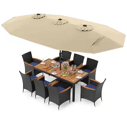 Front. Costway - Costway 11 PCS Patio Wicker Dining Set with Double-Sided Outdoor Umbrella 8 Stackable Chairs - Beige+Navy.