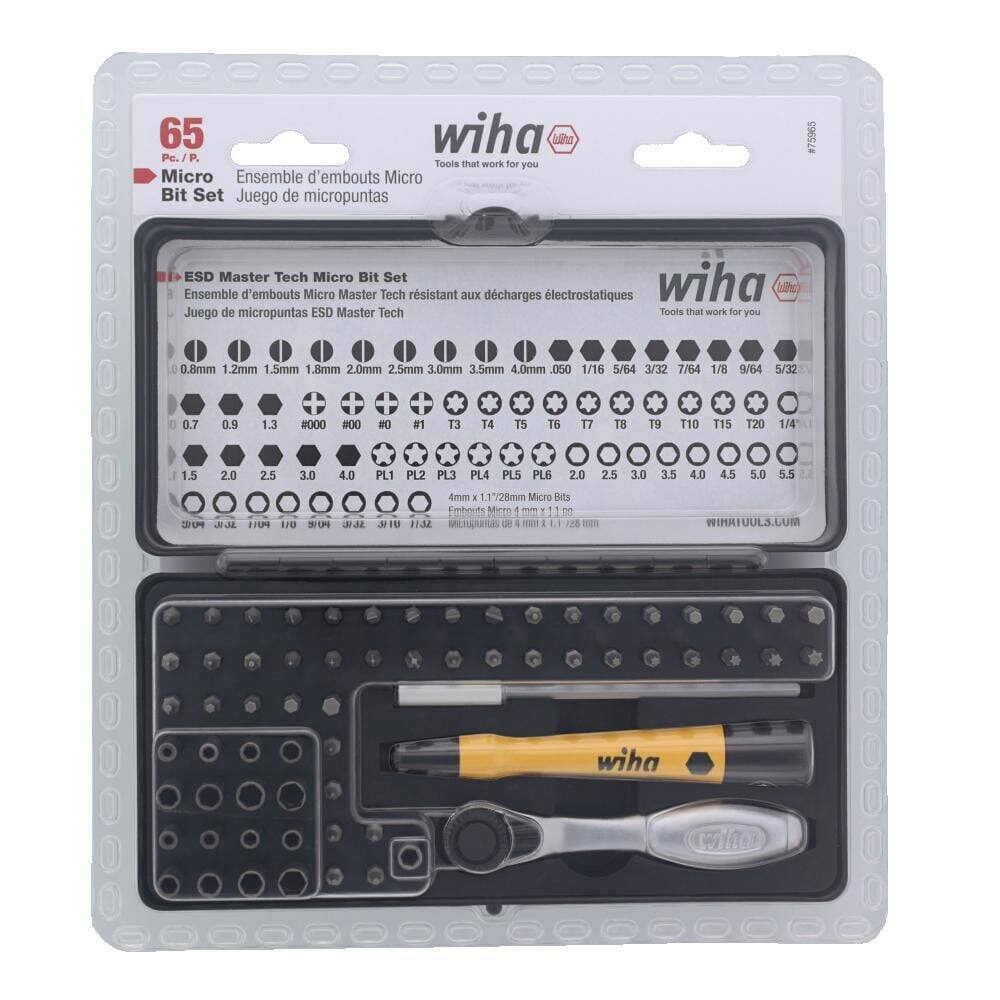 65 wiha Lulea Pc. P. Tools that work for you Micro Ensemble d'embouts Micro Bit Set Juego de micropuntas #75965 ESD Master Tech Micro Bit Set wiha (c) Ensemble d'embouts Micro Master Tech résistant aux décharges électrostatiques Juego de micropuntas ESD Master Tech Tools that work for you 0.8mm 1.2mm 1.5mm 1.8mm 2.0mm 2.5mm 3.0mm 3.5mm 4.0mm .050 1/16 5/64 3/32 7/64 1/8 9/64 5/32 0.7 0.9 1.3 #000 #00 #0 N1 T3 T4 T5 T6 17 BT 19 T10 T15 T20 1/4 1.5 2.0 2.5 3.0 4.0 PL1 PL2 PL3 PL4 PL5 PLE 2.0 2.5 