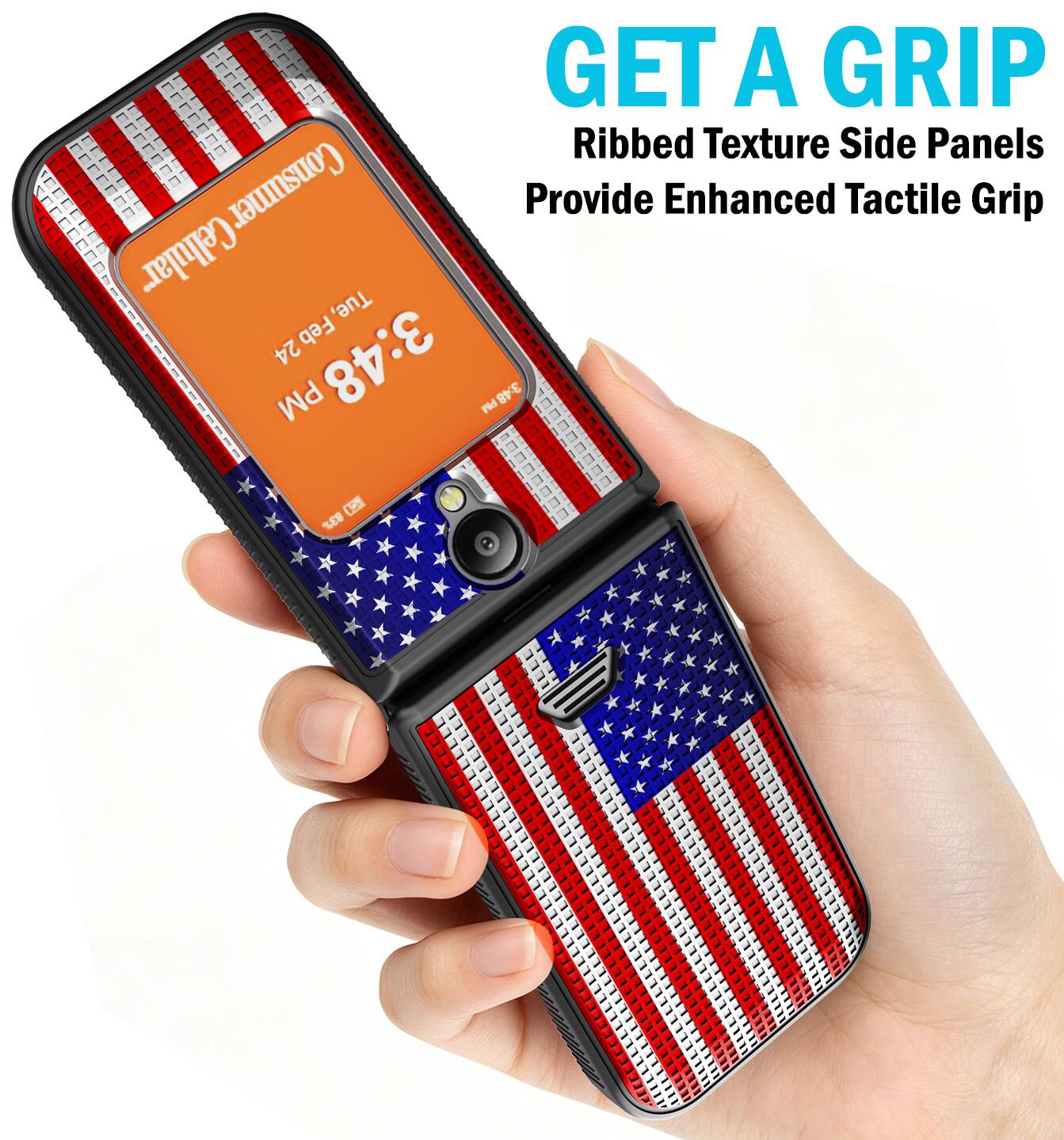 GET A GRIP  
Ribbed Texture Side Panels Provide Enhanced Tactile Grip  

Consumer  
Cellular  
Tue, 24 Feb PM 3:48 PM  
83%