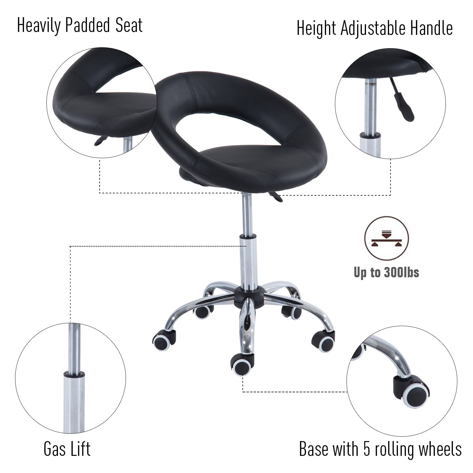 Heavily Padded Seat, Height Adjustable Handle, Gas Lift, Base with 5 rolling wheels, Up to 300lbs