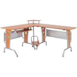 Homcom - L-Shaped Corner Computer Desk, Elevated Shelf, Rolling Keyboard Tray, CPU Stand, Wood Color - Natural Wood Grain