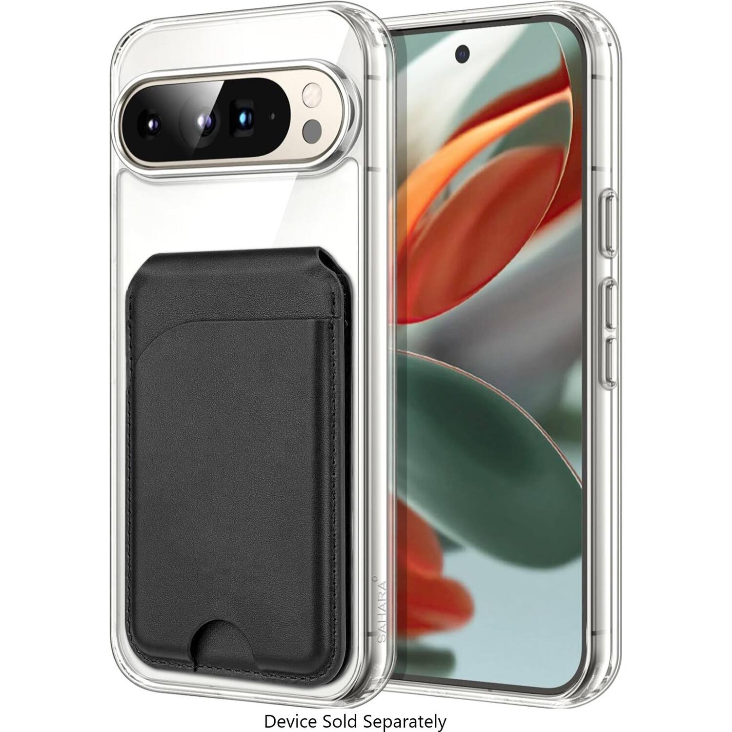 The image shows a cell phone case with a clear back and a black front. The case is designed to fit an iPhone X, and it features a pouch for holding the device. The case is made of clear plastic, and it is available for purchase separately.