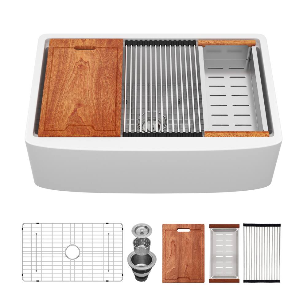 Alt View 5. JUJABU - 33 x 21 x 10 in. White Ceramic Kitchen Sink Workstation - White.