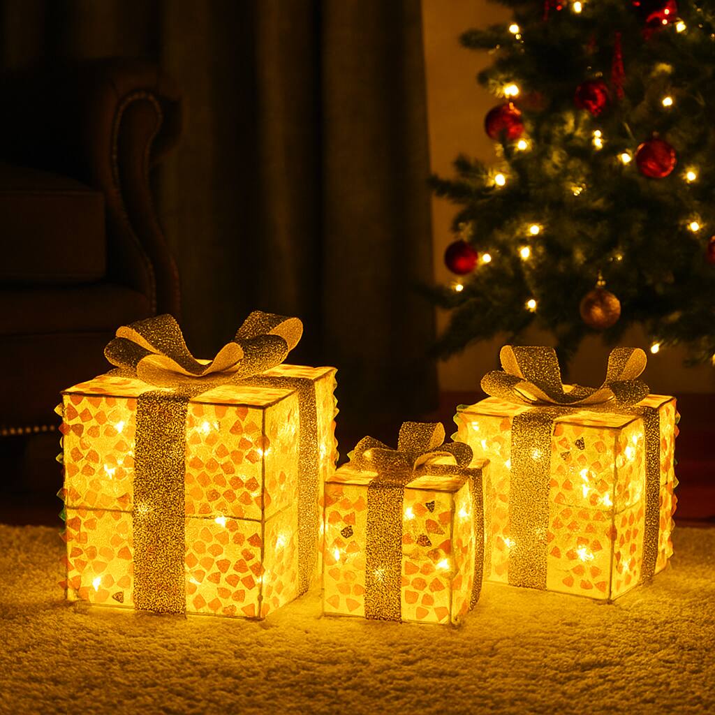 Angle. BreeBe - 3 Pack Pre-Lit Gift Boxes with 90 LEDs for Holiday Decoration - White.