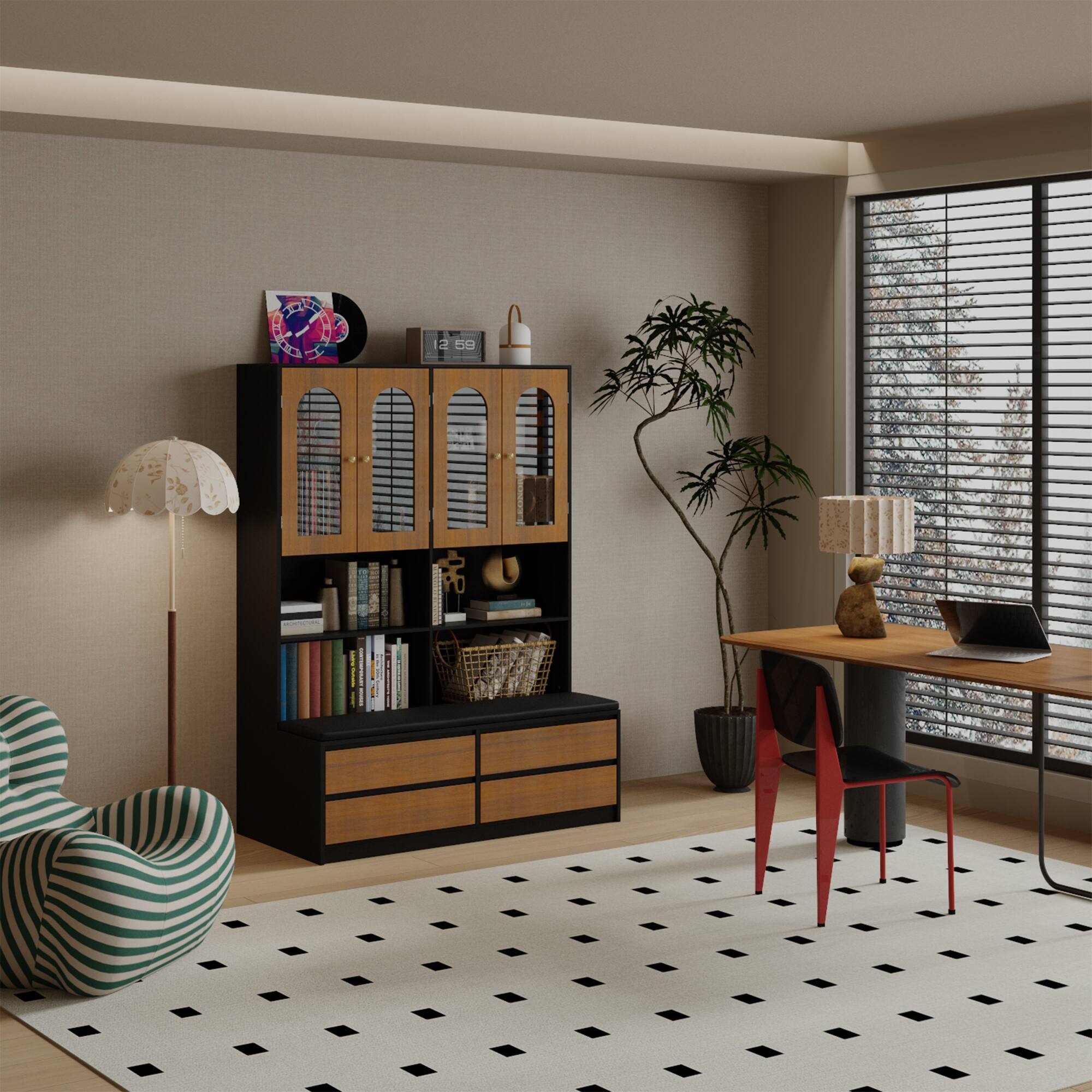 Alt View 10. Famapy - Famapy Mid - Century Modern Bookcase with Glass Doors: Multi - Storage Shelves & Drawers for Home Office - Wooden & Black.
