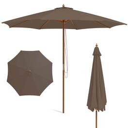 Costway - 10FT Patio Wooden Market Table Umbrella Pulley with 8 Bamboo Ribs Sunshade Canopy - Coffee