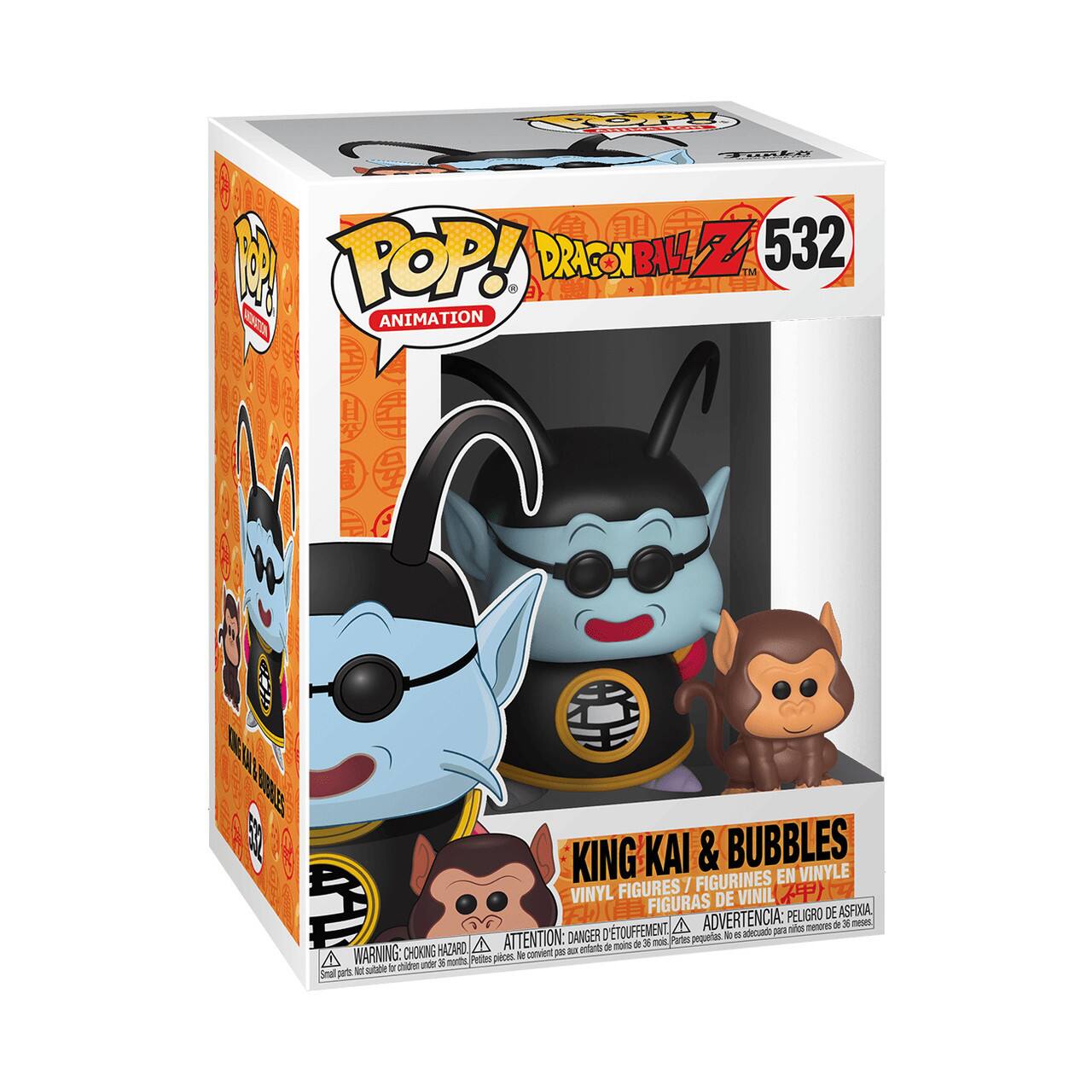 Sure, here is the corrected and grouped text from the image:

---

**POP! ANIMATION**

**DRAGON BALL Z**

**532**

**KING KAI & BUBBLES**

**VINYL FIGURES / FIGURINES EN VINYLE / FIGURAS DE VINIL**

**WARNING: CHOKING HAZARD - Small parts. Not for children under 3 years.**

**ATTENTION: DANGER - Petits pièces. Ne convient pas aux enfants de moins de 3 ans.**

**ADVERTENCIA: PEQUEÑAS PIEZAS. NO ADECUADO PARA NIÑOS MENORES DE 3 AÑOS.**

---

This text is organized to reflect the information on the packaging, including the product name, series, characters, and safety warnings.
