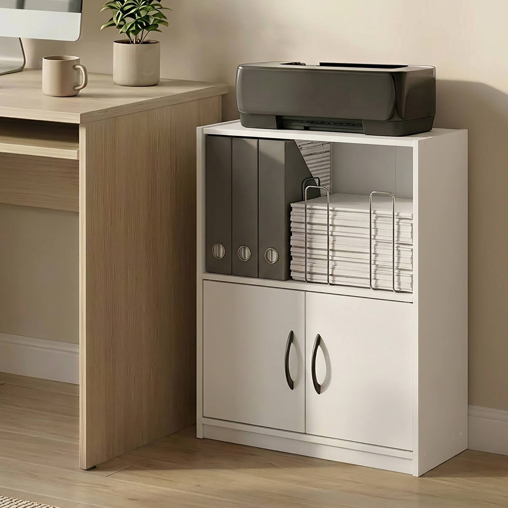 Alt View 1. Furinno - GRUEN Book Shelf, 2-Tier Small Bookshelf, Bookcase with Open Shelf and Doors Storage Cabinet, 9.3 x 21.8 x 27 - White.
