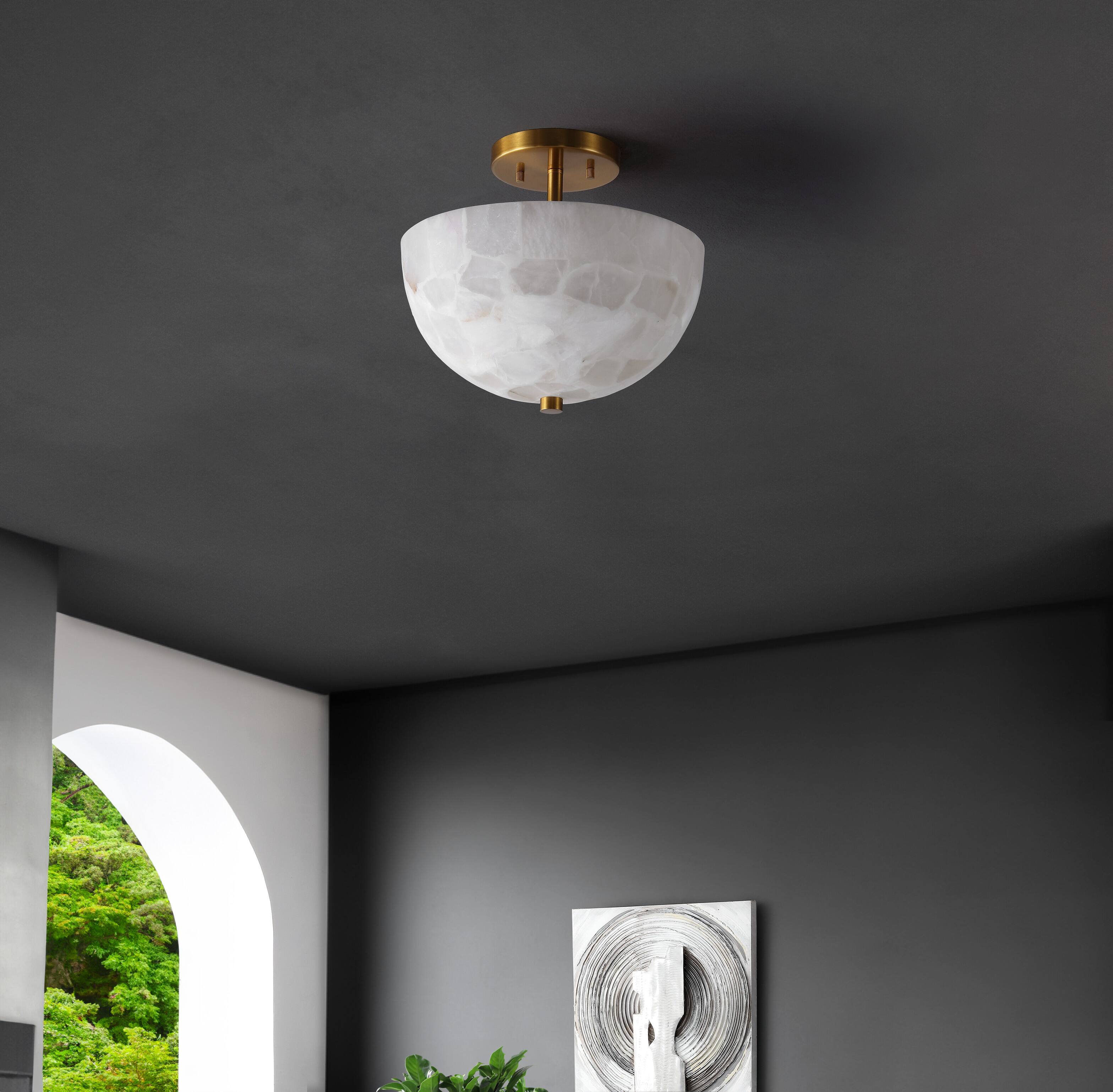 Alt View 5. Jonathan Y - Celine 11.88" 2-Light Modern Contemporary Alabaster/Iron Inverted Dome LED Semi Flush Mount, White Marbling/Brass Gold - White Marbling/Brass Gold.