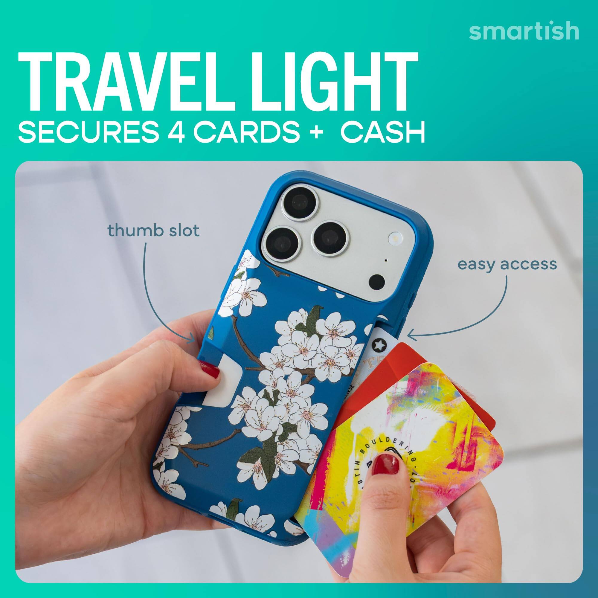 smartish TRAVEL LIGHT SECURES 4 CARDS + CASH  
thumb slot  
easy access
