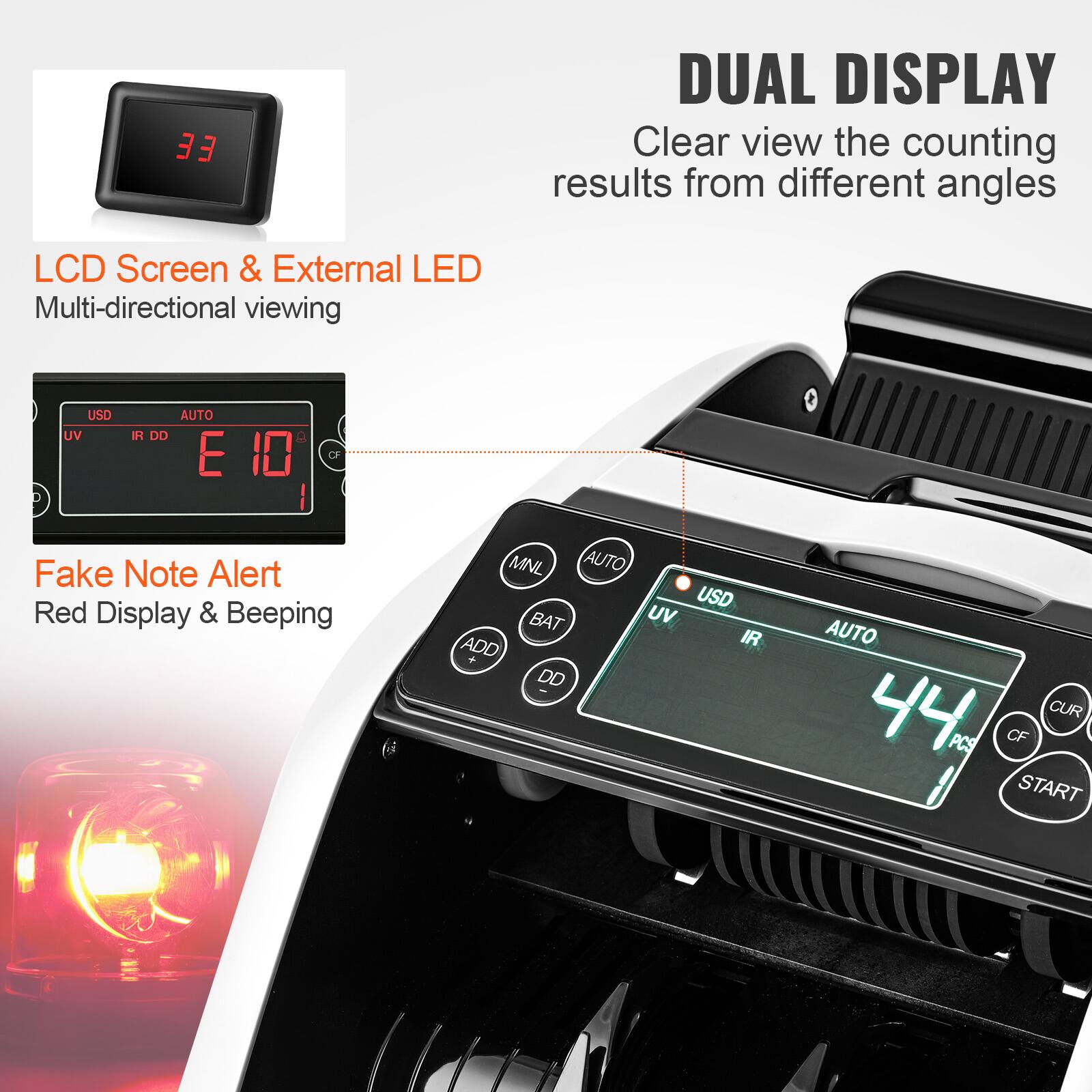 DUAL DISPLAY  
Clear view the counting results from different angles  

LCD Screen & External LED  
Multi-directional viewing  

Fake Note Alert  
Red Display & Beeping  

USD AUTO  
UV IR DD  
E 10  

44 PCS  

CUR CF  
START  

MNL AUTO  
BAT UV ADD IR + DD AUTO