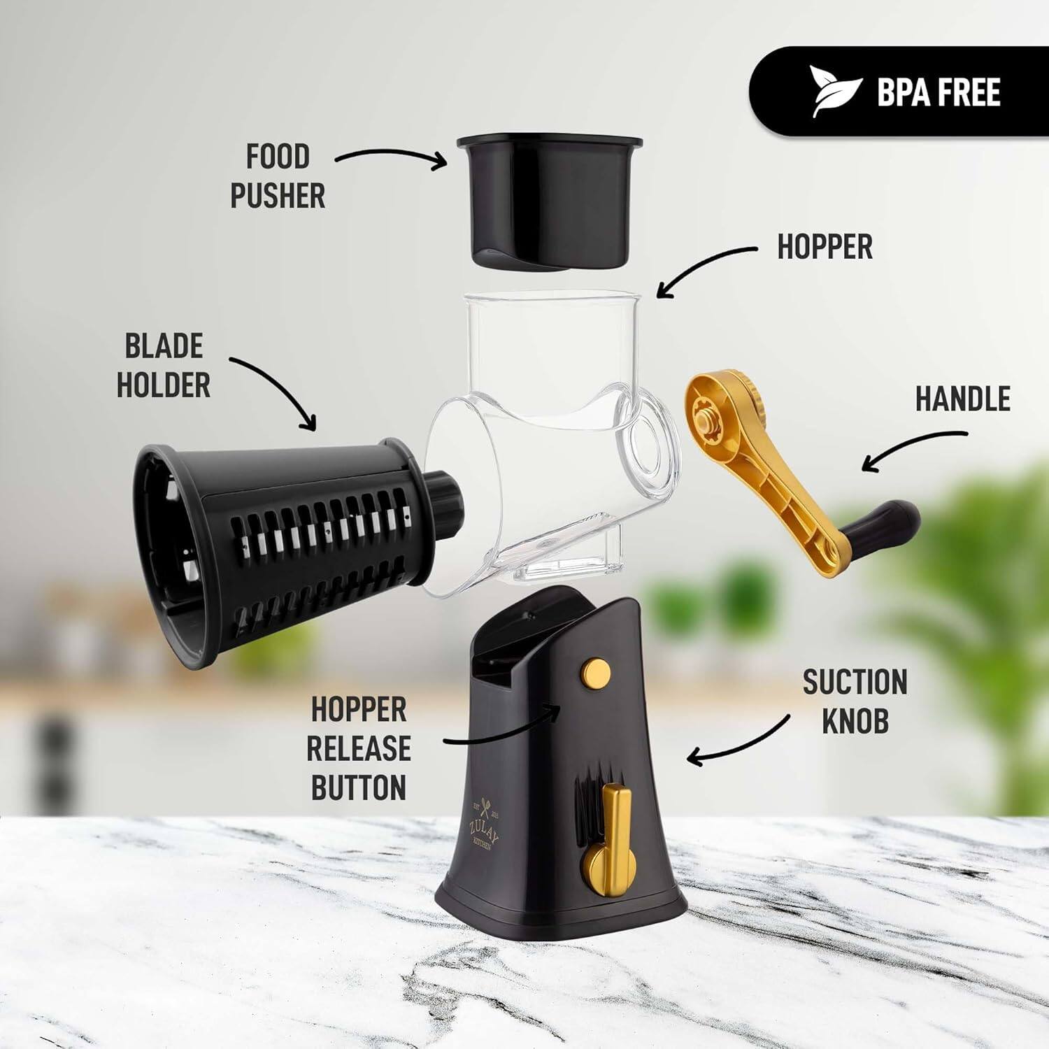 BPA FREE

- FOOD PUSHER
- HOPPER
- BLADE HOLDER
- HOPPER RELEASE BUTTON
- HANDLE
- SUCTION KNOB