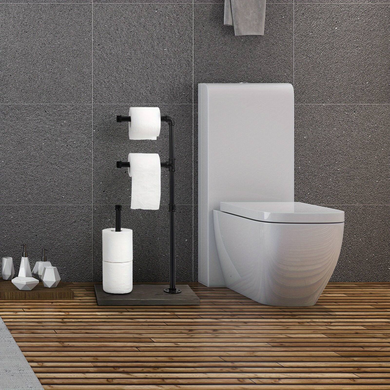 Alt View 2. Oumilen - Industrial Pipe Freestanding Toilet Paper Holder – Double Roll Stand with Dark Wood Grain Base.