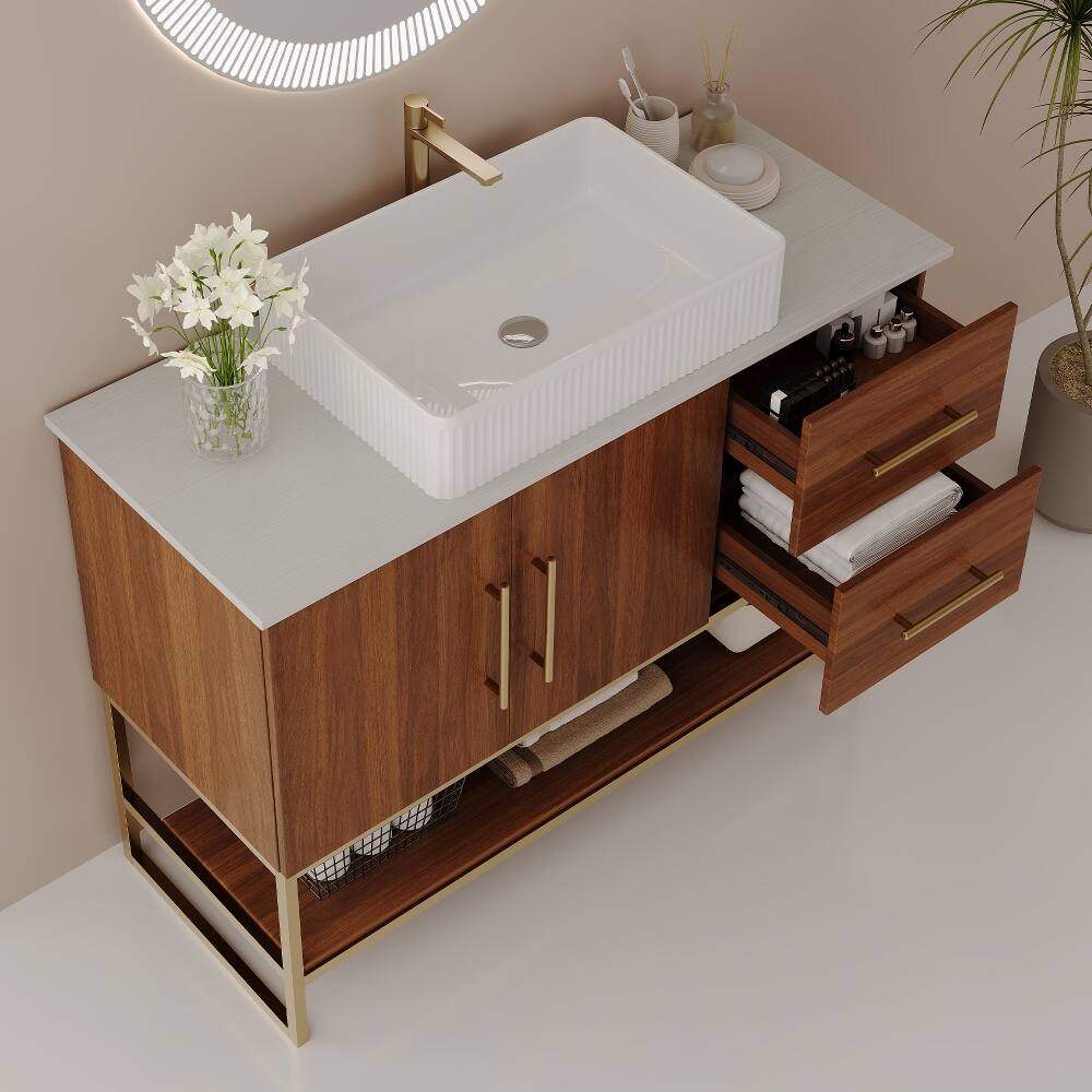Back. Loheer - Loheer 36 inch modern bathroom vanity with ceramic vessel sink, gold accent freestanding cabinet, walnut - Walnut, Gold, White.