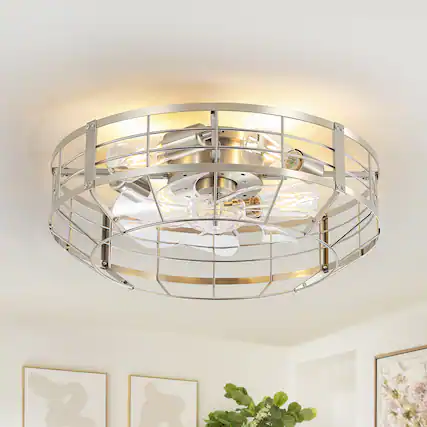 Front. Breezary - 20-Inch KD Traditional Light Source Flush Mount Cage Fan, 7 Transparent Blades, E26 Light Bulbs, 6-Speed Remote - Sand Nickel and Clear.