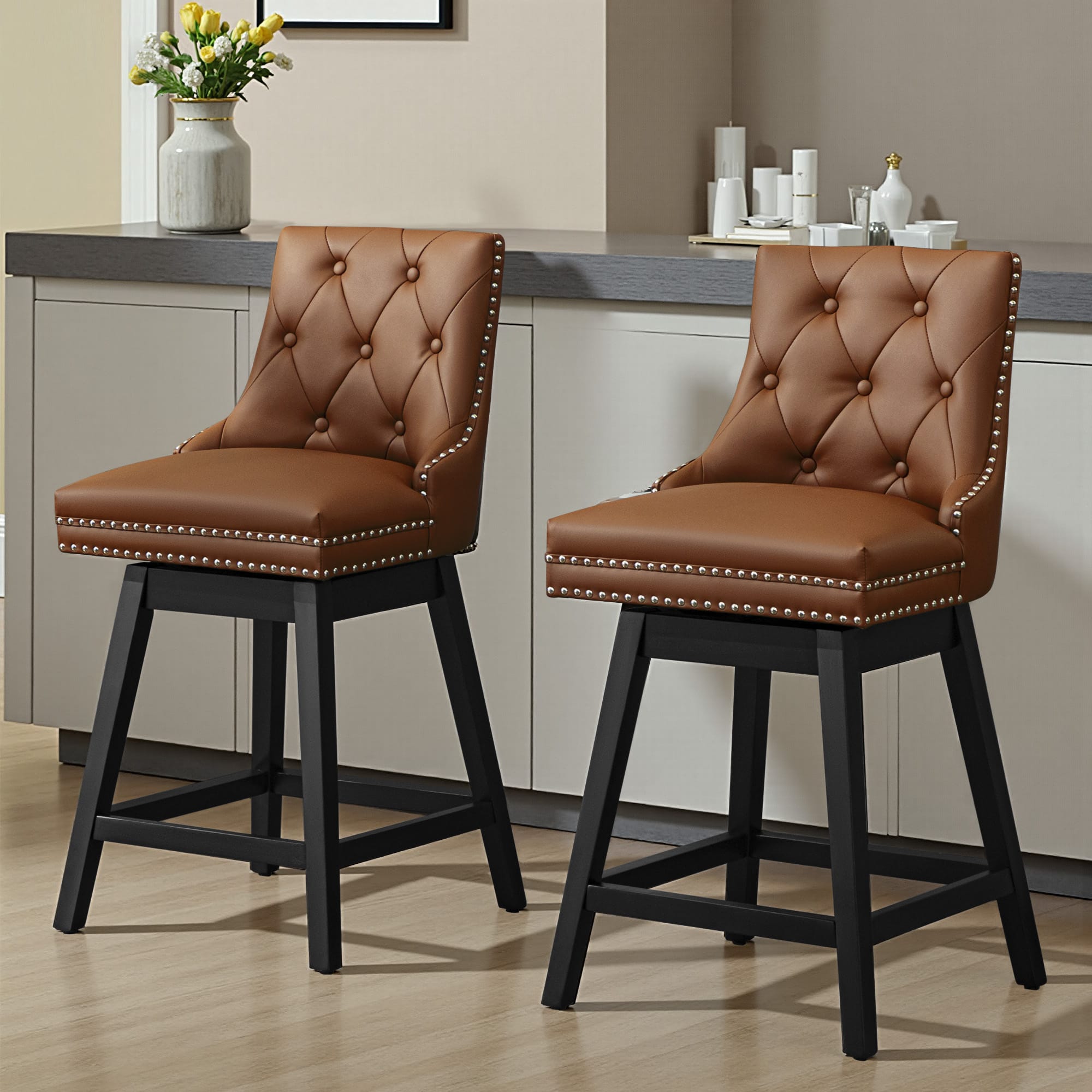 Front. KERDOM - Swivel Bar Stools with Backs, 26" Counter Barstools Set of 2, PU Leather Upholstered Kitchen Island Chairs for Home Bar - Camel.