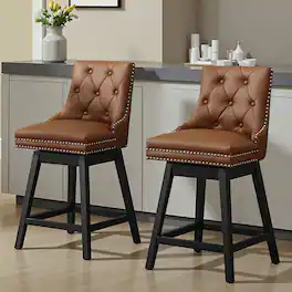 KERDOM - Swivel Bar Stools with Backs, 26" Counter Barstools Set of 2, PU Leather Upholstered Kitchen Island Chairs for Home Bar - Camel