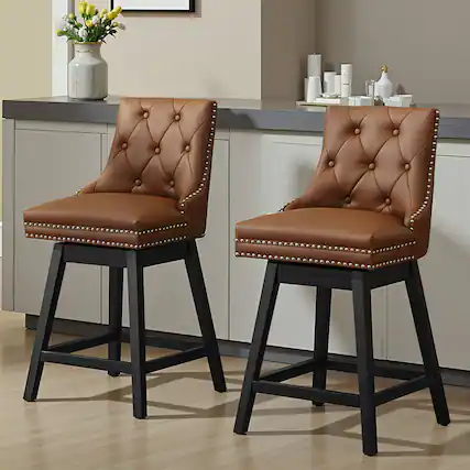 Front. KERDOM - Swivel Bar Stools with Backs, 26" Counter Barstools Set of 2, PU Leather Upholstered Kitchen Island Chairs for Home Bar - Camel.
