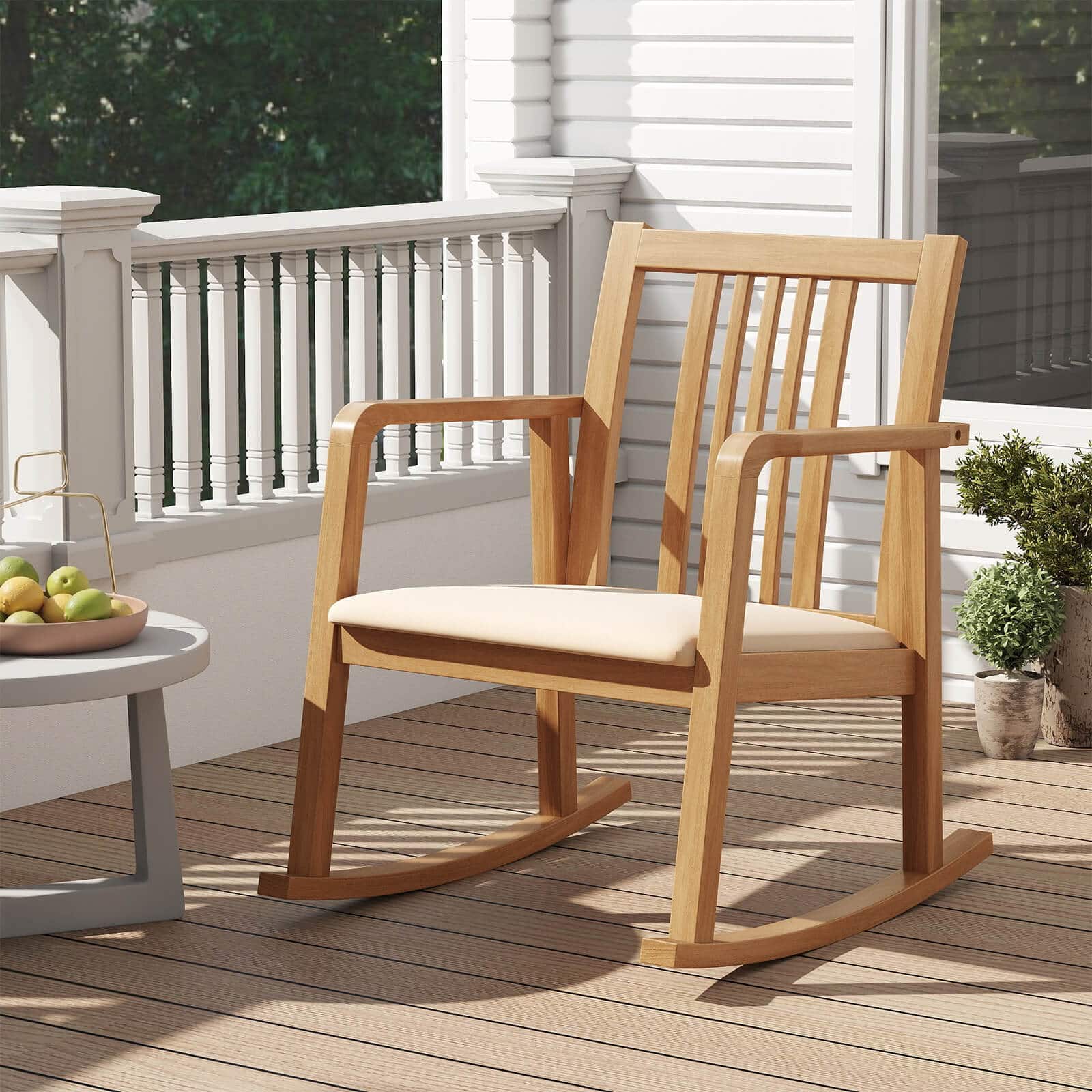 Costway - 1 PCS Rocking Chair with Cushioned Seat, Slatted Back & Curved Armrests for Living Room - Natural + Beige