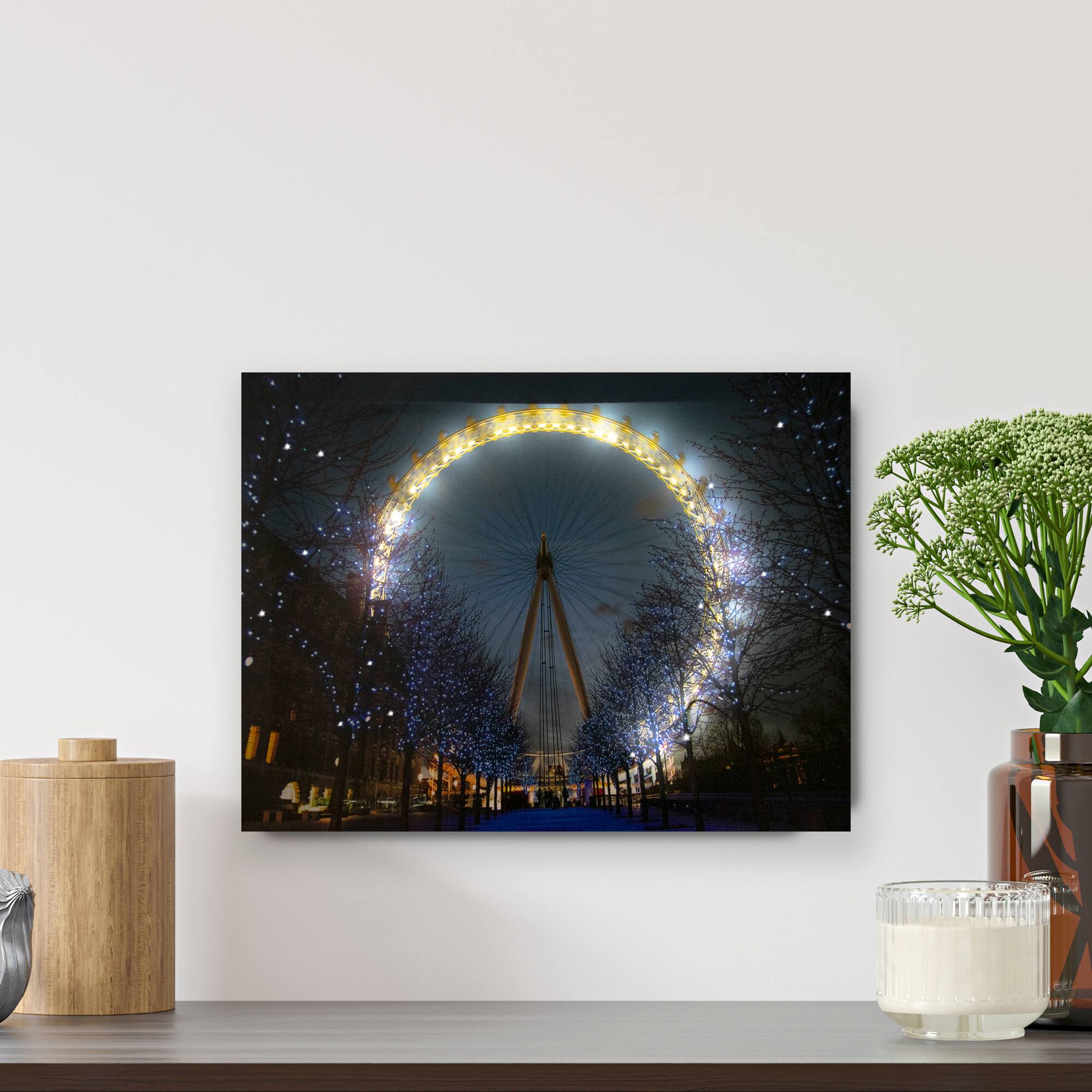 Alt View 1. Northlight - LED Lighted 'The London Eye' Giant Ferris Wheel Canvas Wall Art 11.75" x 15.75" - Blue.
