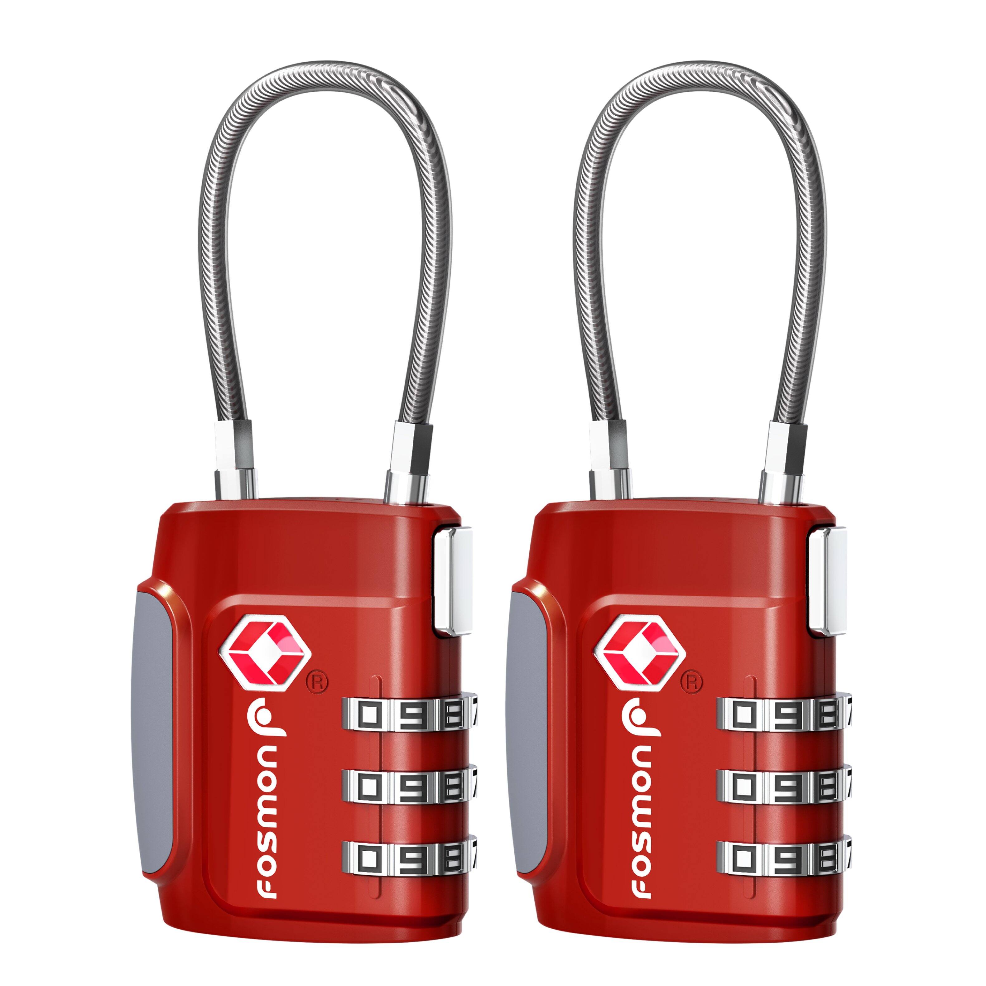 Fosmon - 2 Pack TSA Approved Luggage Lock, 3 Digit Combination Lock Easy to Set Luggage Cable Lock, Travel TSA Locks - Red