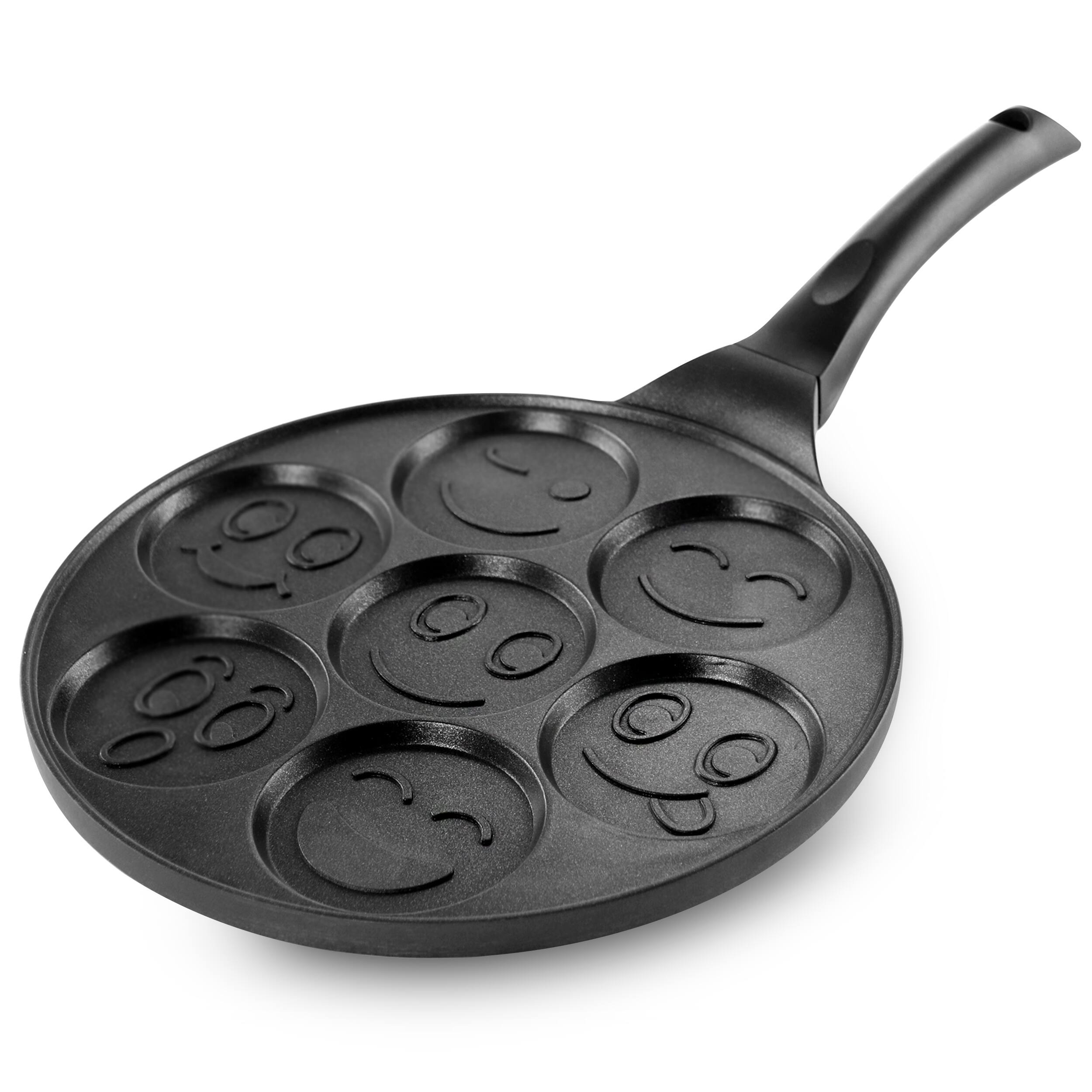 MegaChef - Happy Face Emoji 10.5 Inch Aluminum Nonstick Pancake Maker Pan with Cool Touch Handle - Black