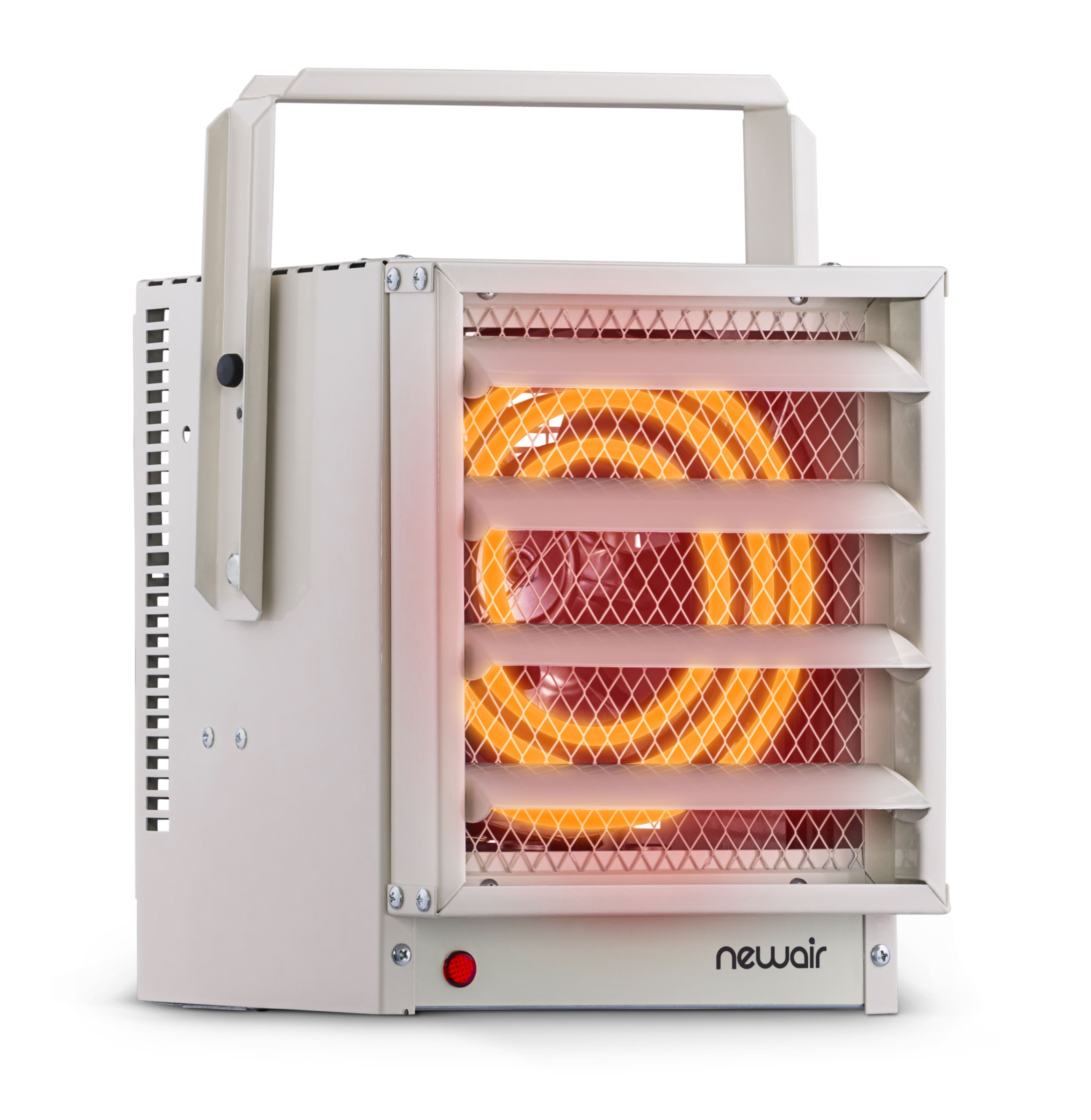 Left. NewAir - Hardwired Electric Garage Heater, Ceiling Mounted with Adjustable Louvers and Tilt Head, Heats up to 500 sq. ft. - Ivory.