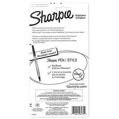 Sure, here is the corrected and grouped text from the image:

---

**Sharpie Highlighter / Surligneur**

- Resists smearing of many pen and marker inks*
- Easy push button for one handed use
- Safety valve design prevents from drying out when closed

*Resiste à l'écrasement de plusieurs encre de stylos et de marqueurs
*Bouton facile pour surligner d'une seule main
*La soupape Safety Seal empêche l'encre de s'évaporer

**Also try! aussi! Essayez!**
Sharpie PEN / STYLO
No Bleed & Smear Resistant
L'encre ne traverse pas et résiste au maculage

Uncap when writing
Décapsuler en écrivant

**Sharpie.com**

**Al 1790015 0 71541 28175**

---

**Additional Information:**

- Sharpie Highlighter
- 1790015
- 0 71541 28175

---

**Note:** The text has been corrected for grammar and clarity.