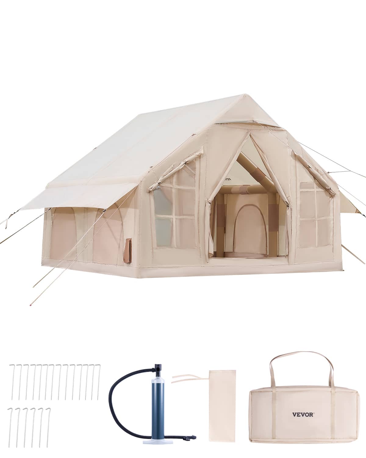 VEVOR - Inflatable Tents, 4-6 Person Easy Setup Blow up Tent with Hand Pump, 300D Oxford 4 Season Glamping Tent with Stove Jack - Beige