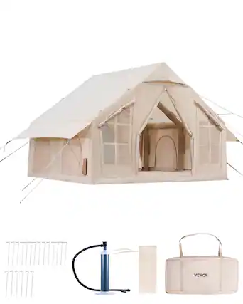 Front. VEVOR - Inflatable Tents, 4-6 Person Easy Setup Blow up Tent with Hand Pump, 300D Oxford 4 Season Glamping Tent with Stove Jack - Beige.