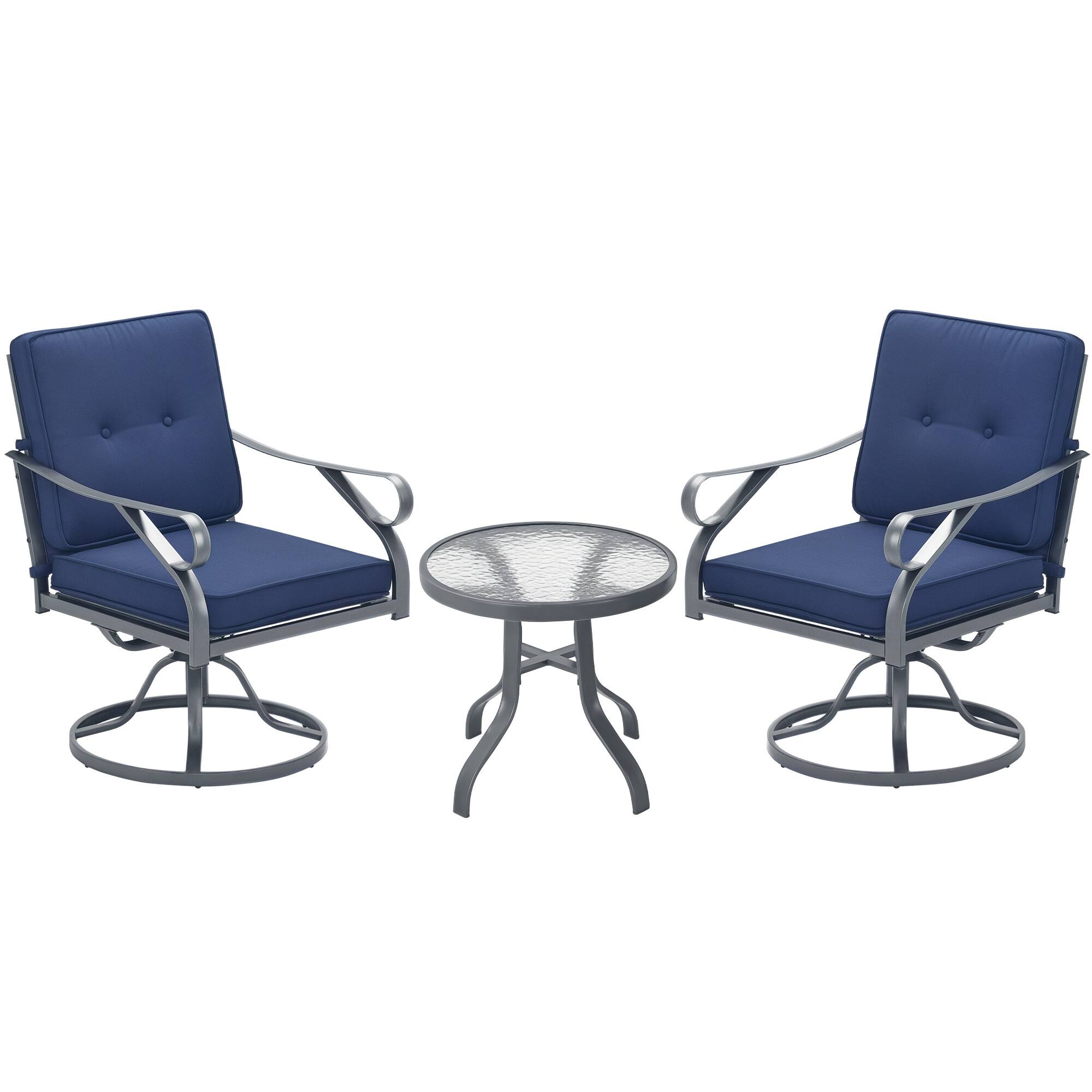 Outsunny - 3 Piece Outdoor Patio Bistro Set with 2 360-Degree Swivel Rocking Chairs, Cushions, and 1 Tempered Glass Table - Blue