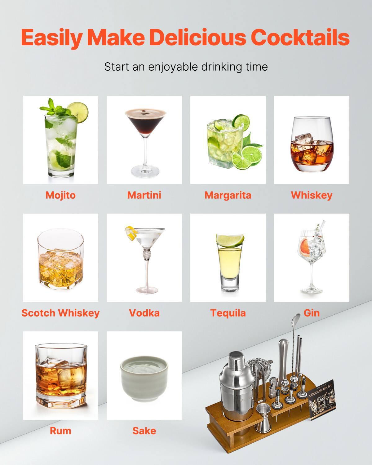 Easily Make Delicious Cocktails  
Start an enjoyable drinking time  

Mojito  
Martini  
Margarita  
Whiskey  
Scotch Whiskey  
Vodka  
Tequila  
Gin  
Rum  
Sake  

COCKTAIL RECIPE  
COCKTAIL RECIPE