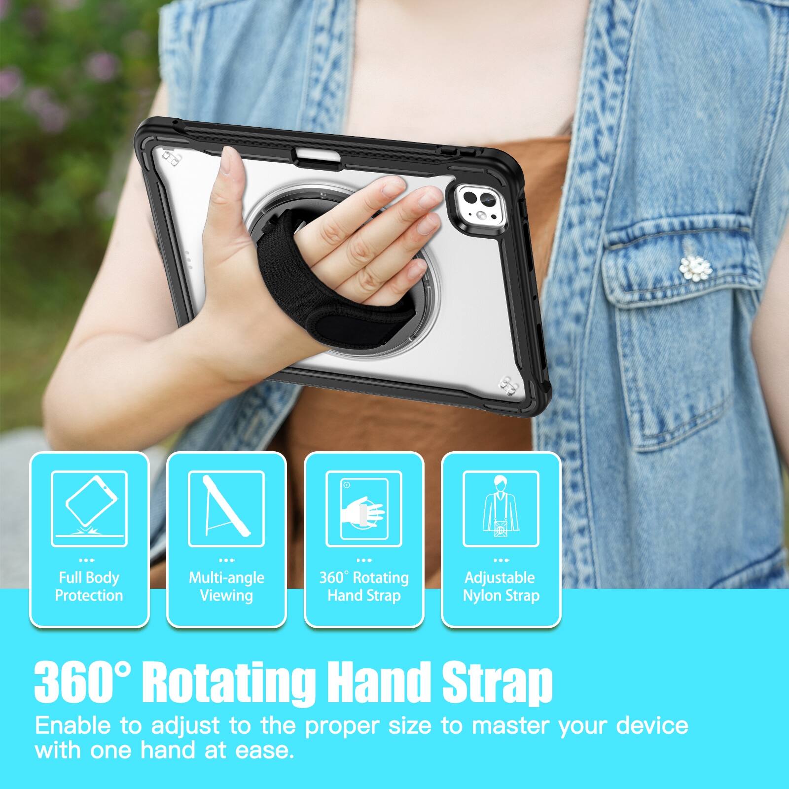 - Full Body Protection
- Multi-angle Viewing
- 360° Rotating Hand Strap
- Adjustable Nylon Strap

360° Rotating Hand Strap
Enable to adjust to the proper size to master your device with one hand at ease.