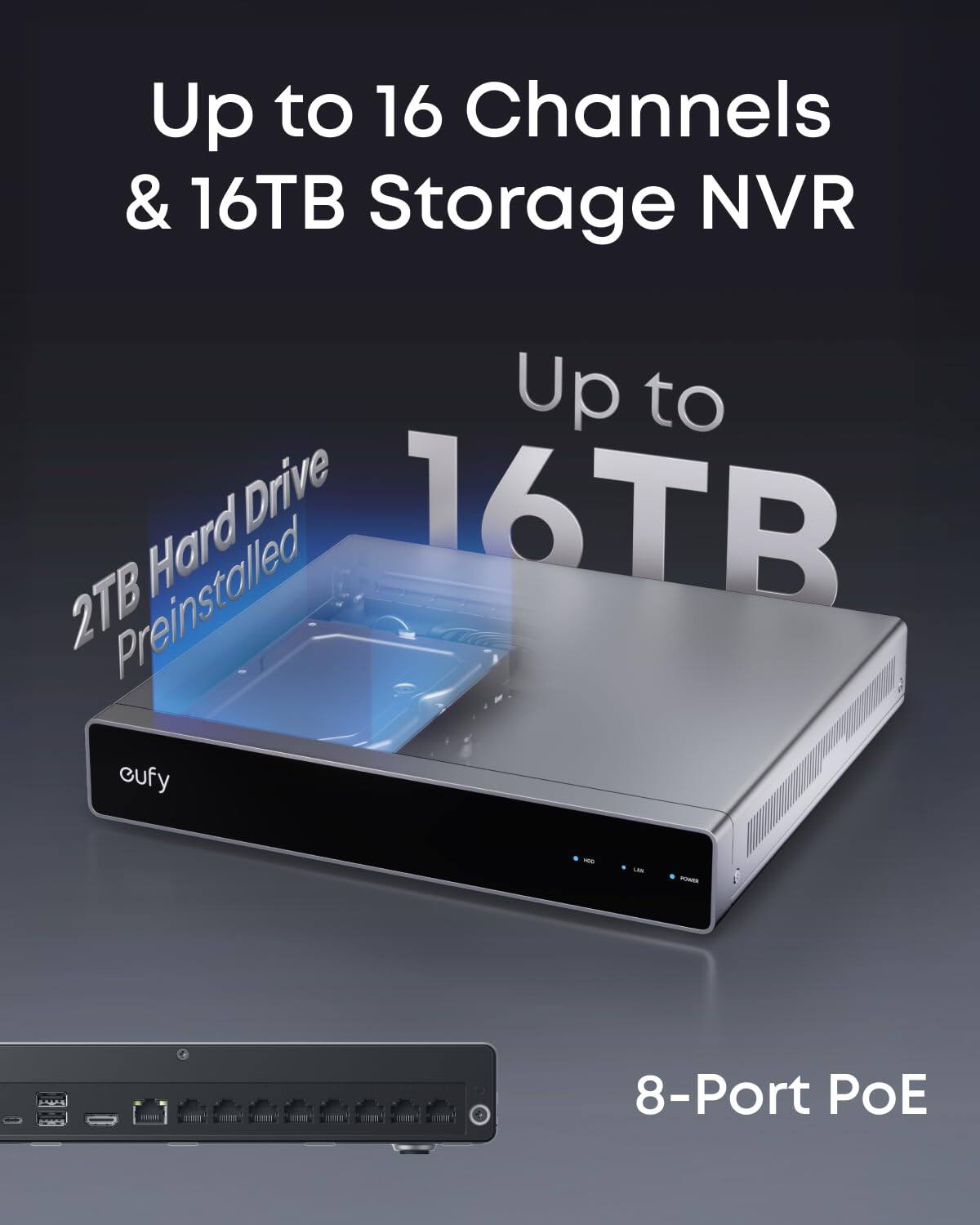 Up to 16 Channels & 16TB Storage NVR

Up to 16TB

2TB Hard Drive Preinstalled

8-Port PoE