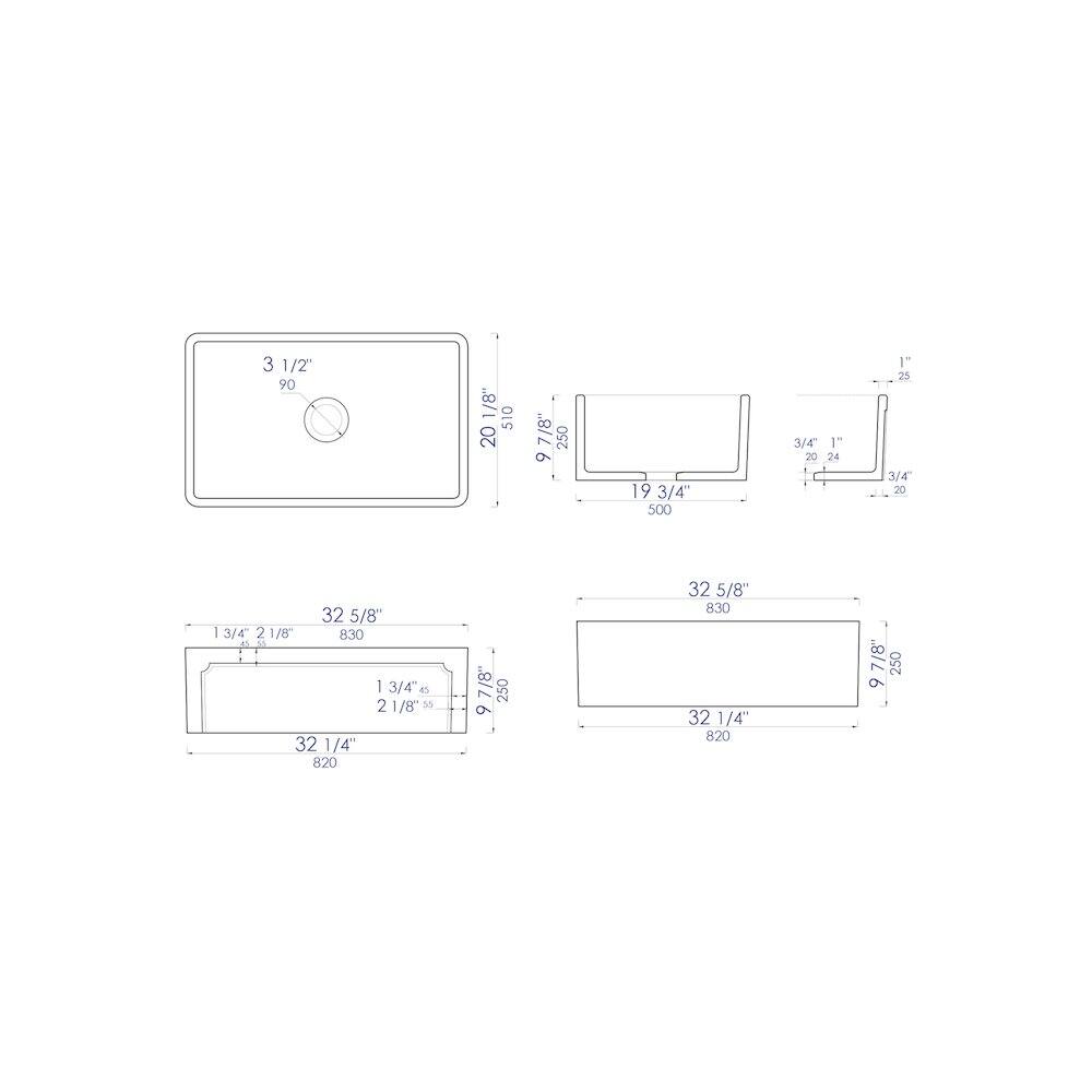 Sure, here is the corrected and grouped text from the image:

---

**Top Left Diagram:**
- 3 1/2"
- 90
- 20 1/8"
- 510
- 9 9/8"
- 250
- 19 3/4"
- 500

**Top Right Diagram:**
- 3/4"
- 1"
- 20
- 24
- 20
- 25 3/4"
- 20
- 32 5/8"
- 13/4"
- 2 21/8"
- 830
- 13/44
- 45
- 2 21/8"
- 35
- 32 1/4"
- 820
- 7/8"
- 250
- 9

**Bottom Left Diagram:**
- 32 5/8"
- 830
- 13/4"
- 2 21/8"
- 830
- 