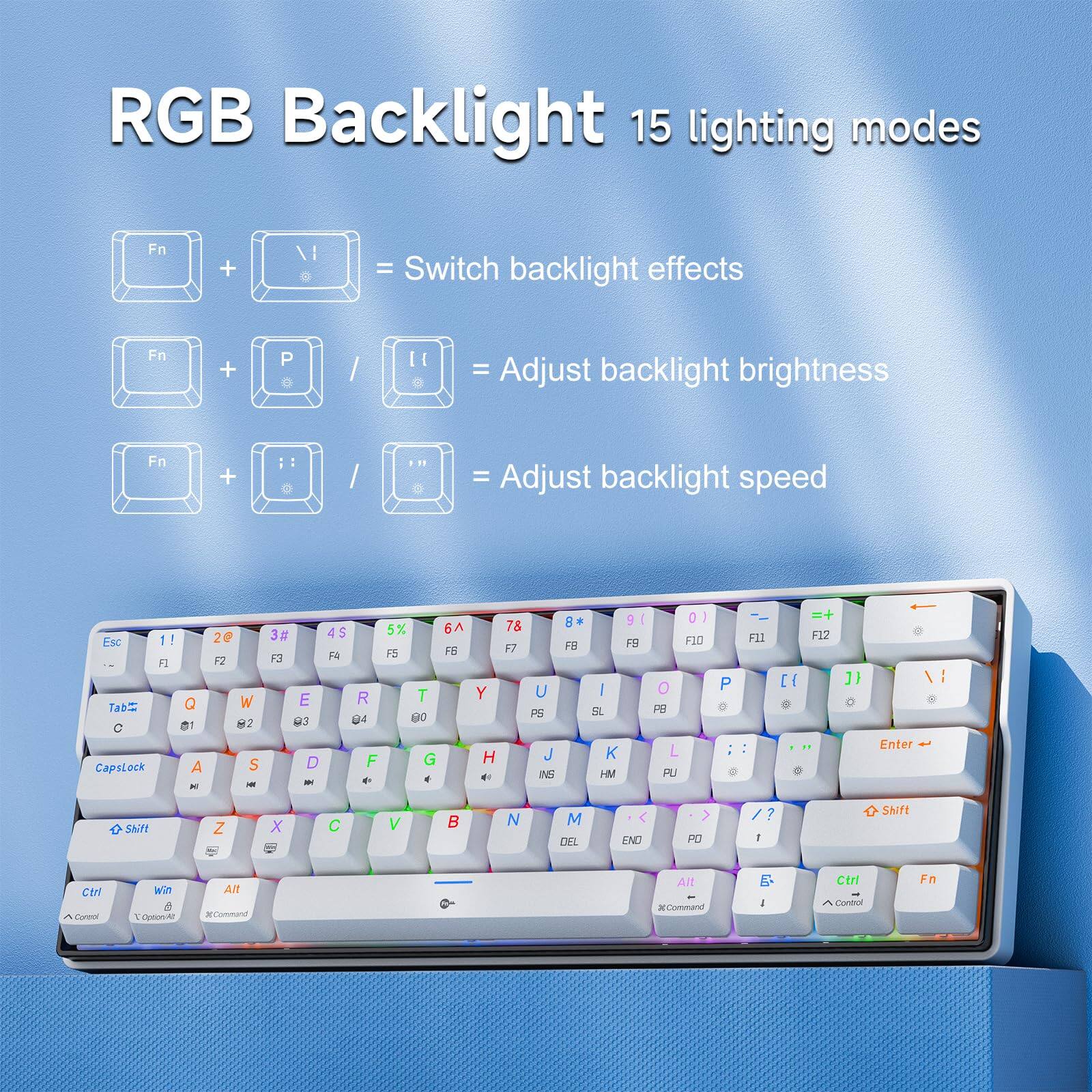 RGB Backlight 15 lighting modes

Fn + \I = Switch backlight effects

Fn + P / { = Adjust backlight brightness

Fn + / ... = Adjust backlight speed