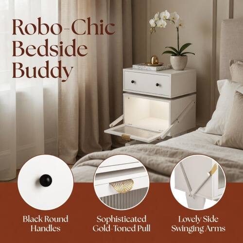 Robo-Chic Bedside Buddy

- Black Round Handles
- Sophisticated Gold-Toned Pull
- Lovely Side Swinging Arms