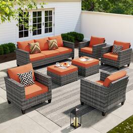 Ovios - 7 PCS Patio Furniture Set All-Weather Rattan 3 Seat Sofa with Comfy Armchairs and Ottomans - Orange Red